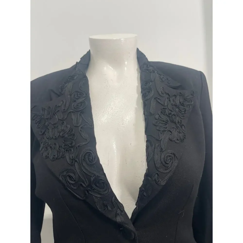 OREA Vintage Women Black Wool Blend Blazer With Embroidery Trim Size 3